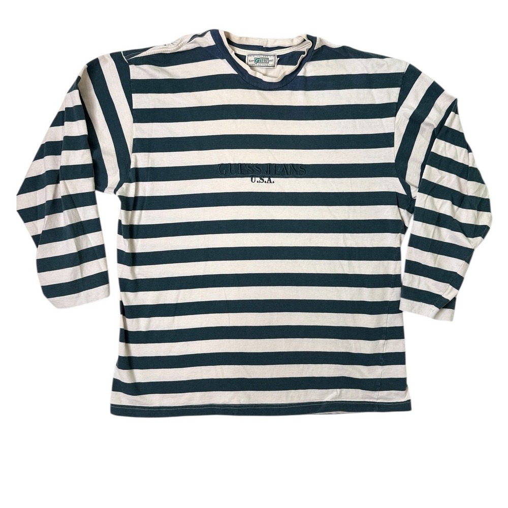 Vintage Guess Jeans USA Striped Long Sleeve T-Shirt Navy White 90s Preppy USA
